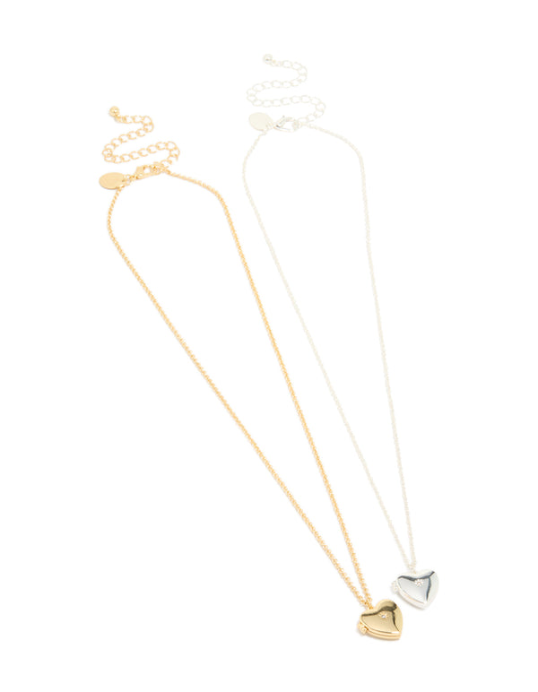 Stunning heart locket necklaces with cubic zirconia in silver and gold plated brass 2-pack front view