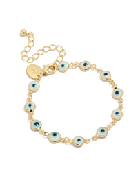 Discover a gold plated brass evil eye chain bracelet featuring statement style front view - link has visual effect only