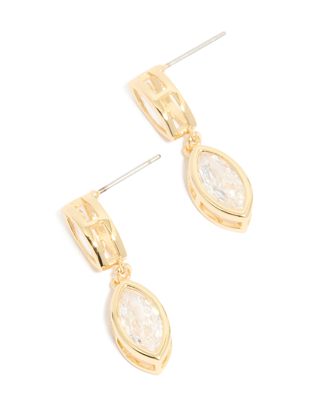 Elegant gold plated cubic zirconia double oval bezel drop earrings front view