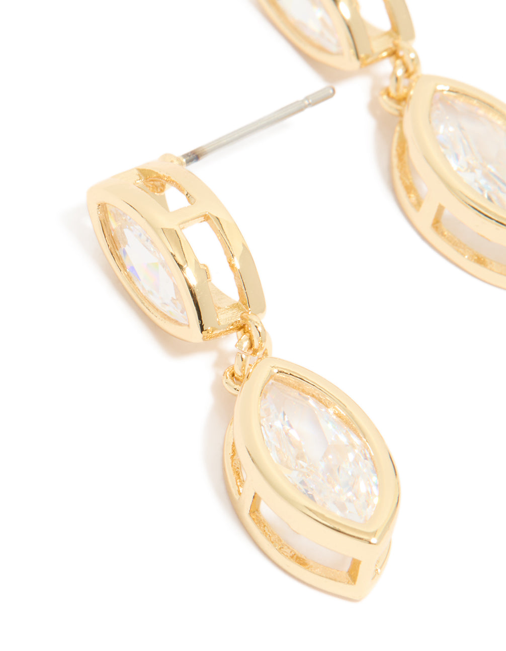 Crafted from gold plated cubic zirconia double oval bezel drop earrings close up view