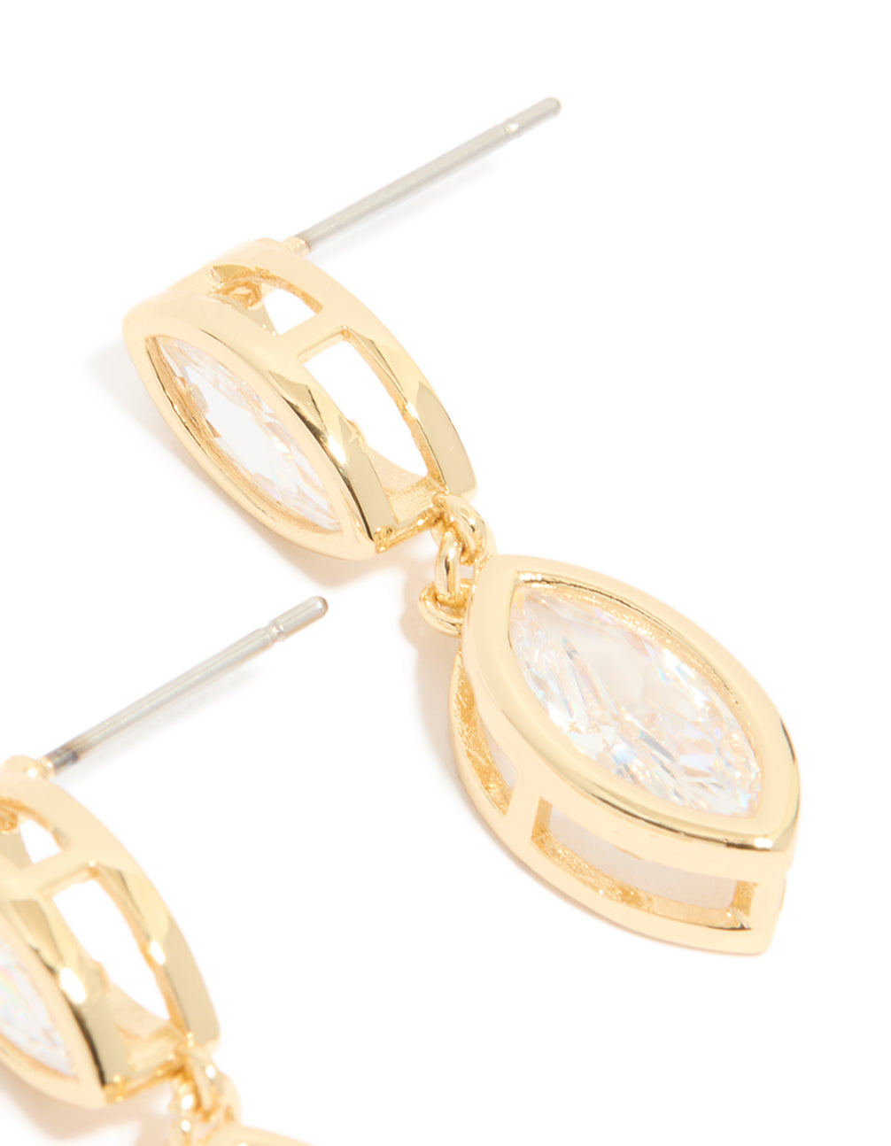 Designed with gold plated cubic zirconia double oval bezel drop earrings post detail view