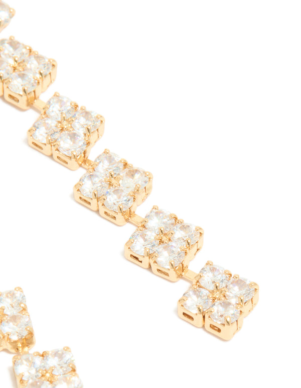 Gold Plated Cubic Zirconia Multi Flower Drop Earrings