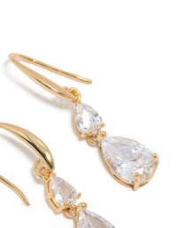 Refined gold plated cubic zirconia triangular drop hook earrings highlighting stone settings and hook post detail view - link has visual effect only