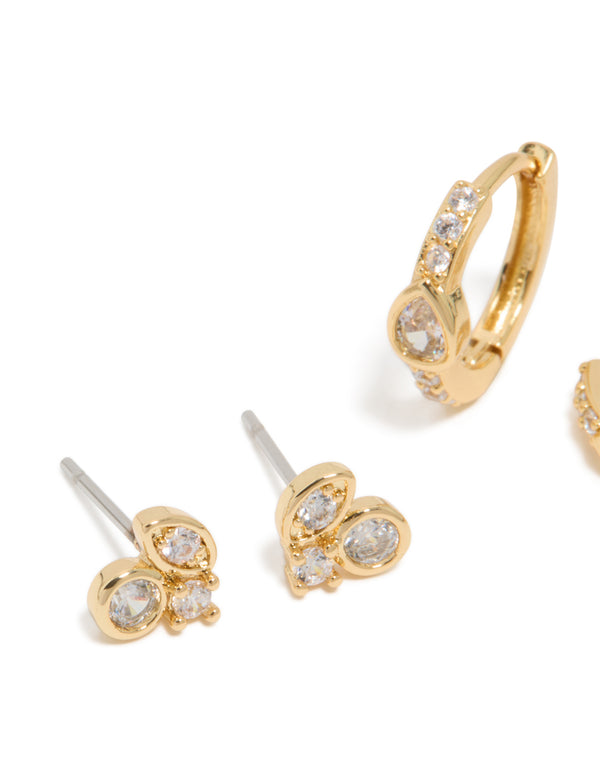 Gold Plated Cubic Zirconia Trio Stud & Huggie Earrings 2-Pack