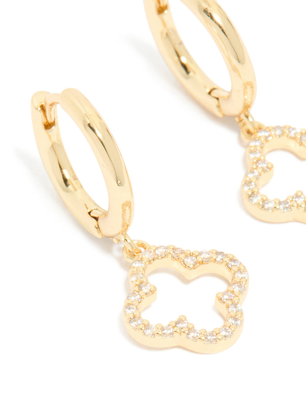 Gold Plated Cubic Zirconia Huggie Flower Drop Earrings