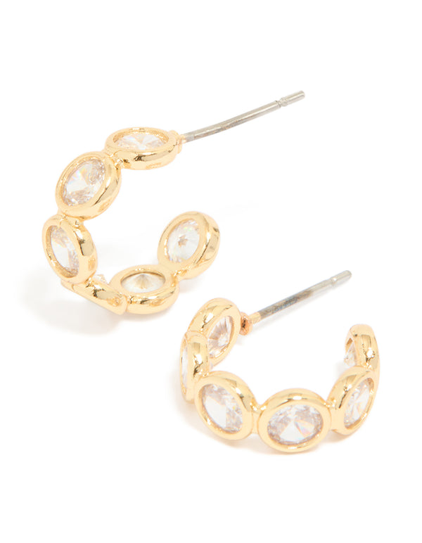 Gold Plated Cubic Zirconia Bezel Huggie Earrings