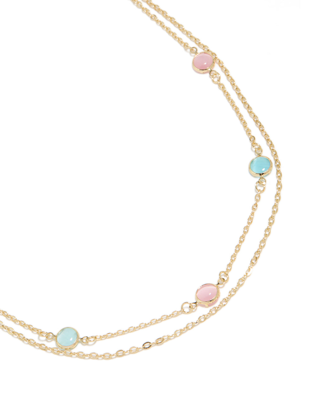 Gold Plated Pink & Blue Stones Layered Necklace