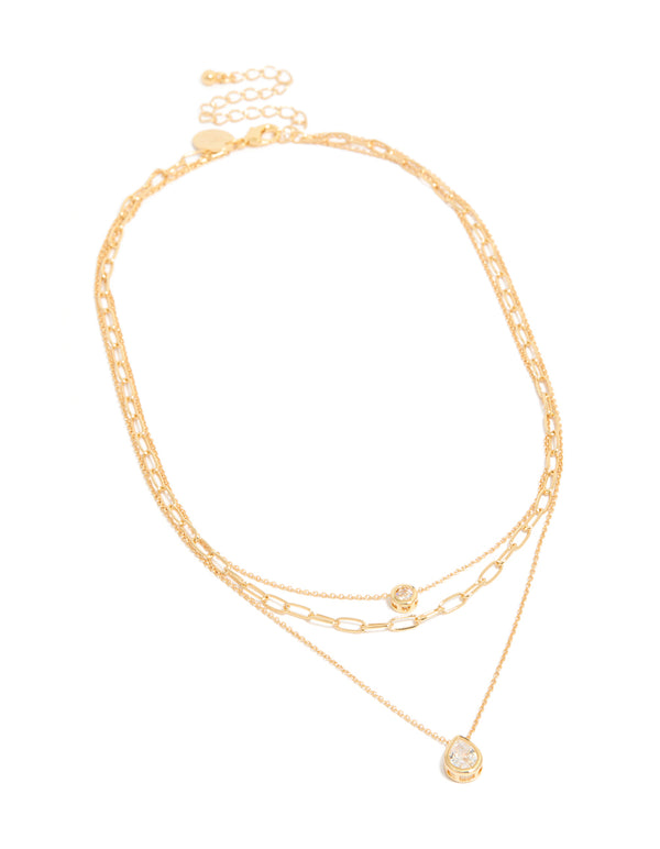 Gold Plated Cubic Zirconia Bezel Triple Layered Chain Necklace