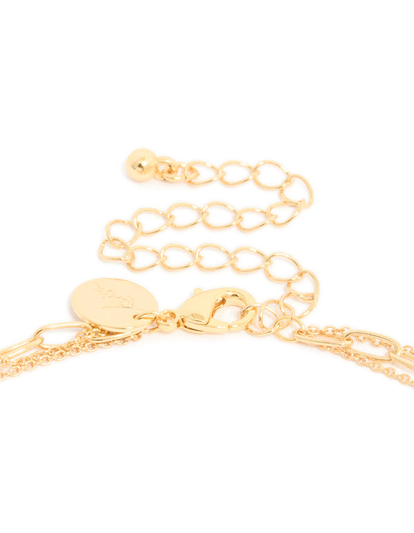 Gold Plated Cubic Zirconia Bezel Triple Layered Chain Necklace