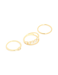 Crafted from gold plated material featuring cubic zirconia teardrop and band rings in a dainty 3-pack with crystal accents front view - link has visual effect only