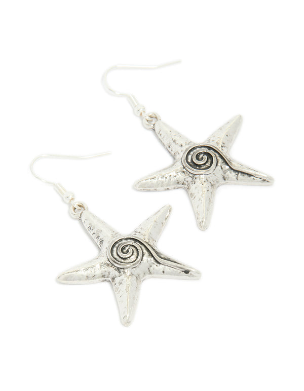 Antique Silver Swirl Starfish Hook Earrings