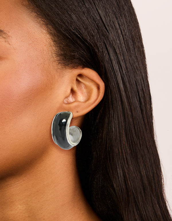 Silver Black Outer Wide Hoop Earrings