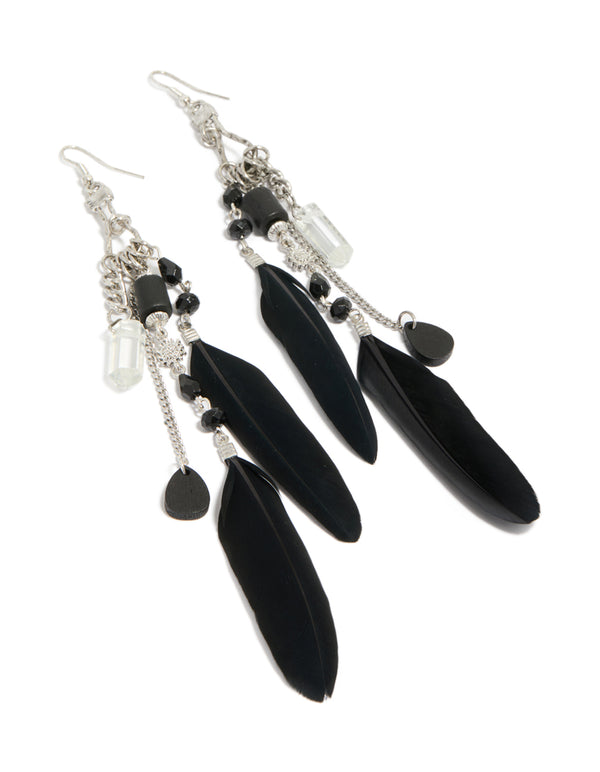 Antique Silver Black Feather &  Chain Drop Earrings