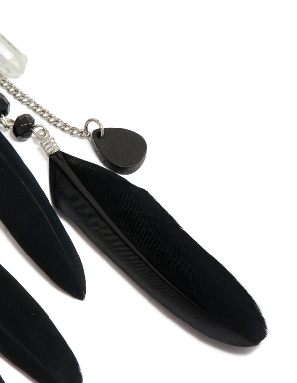 Antique Silver Black Feather &  Chain Drop Earrings