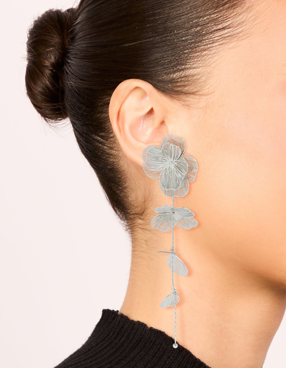 Silver Long Floral Drop Earrings