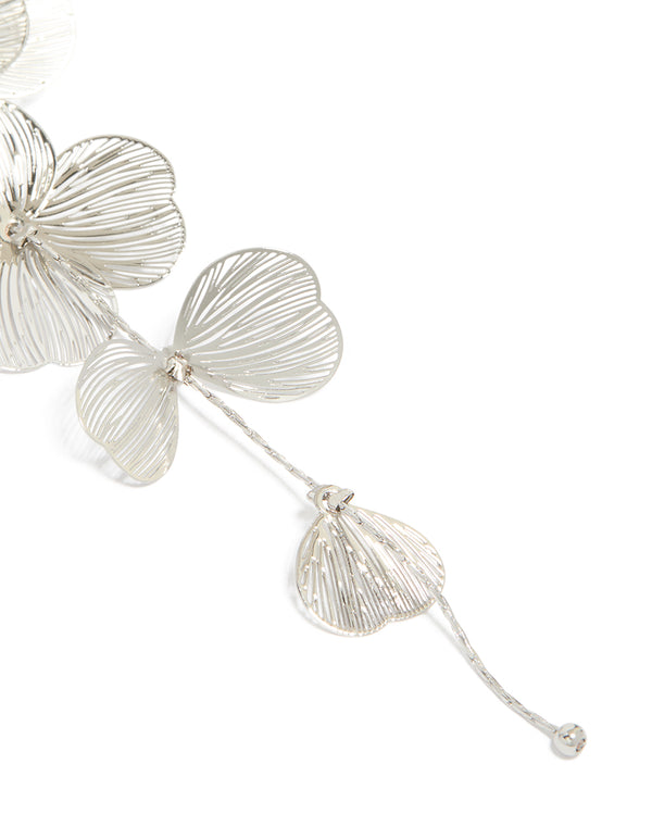 Silver Long Floral Drop Earrings