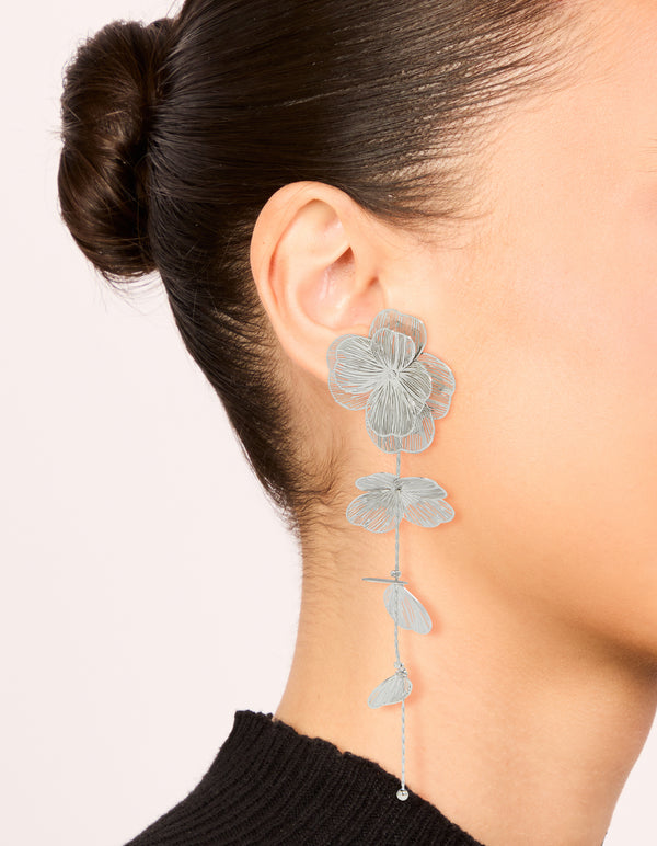 Silver Long Floral Drop Earrings