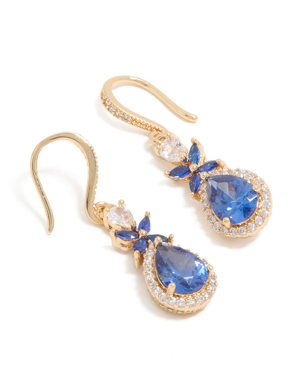 Gold Blue Cubic Zirconia Flower  Drop Earrings