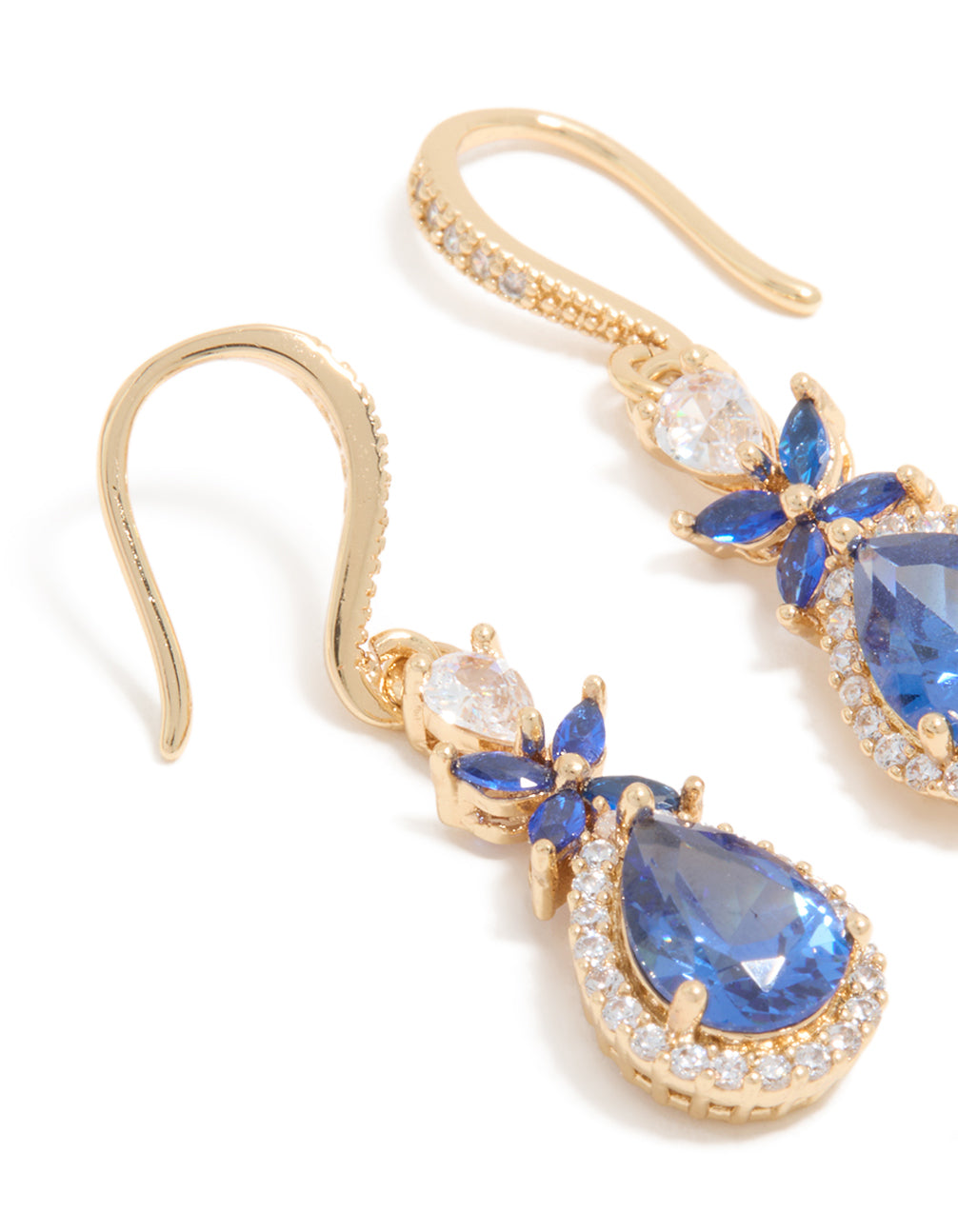 Gold Blue Cubic Zirconia Flower  Drop Earrings