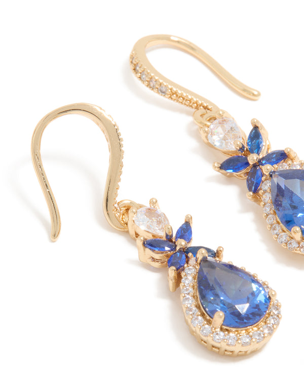 Gold Blue Cubic Zirconia Flower  Drop Earrings