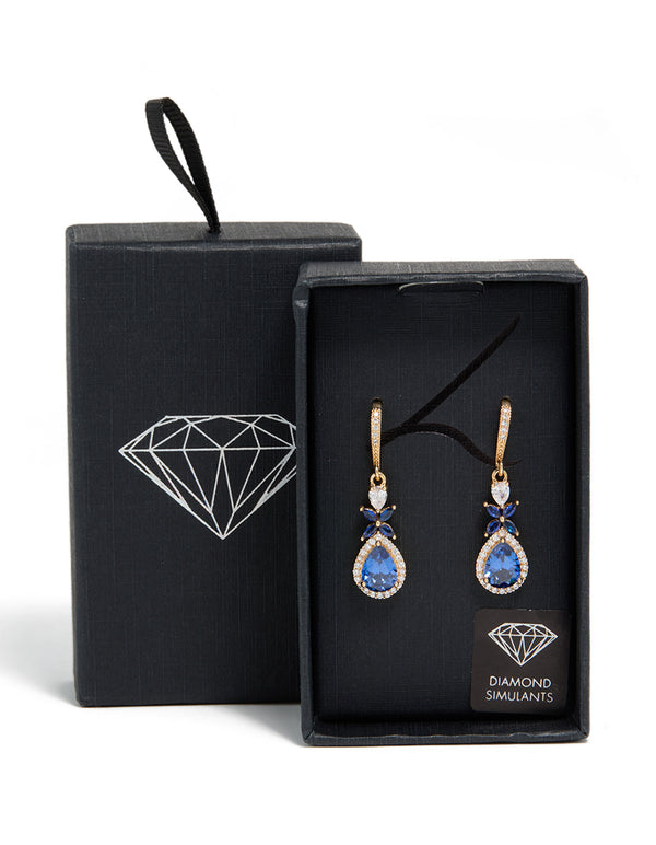 Gold Blue Cubic Zirconia Flower  Drop Earrings