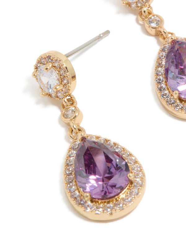 Gold Purple Cubic Zirconia Double Drop Earrings