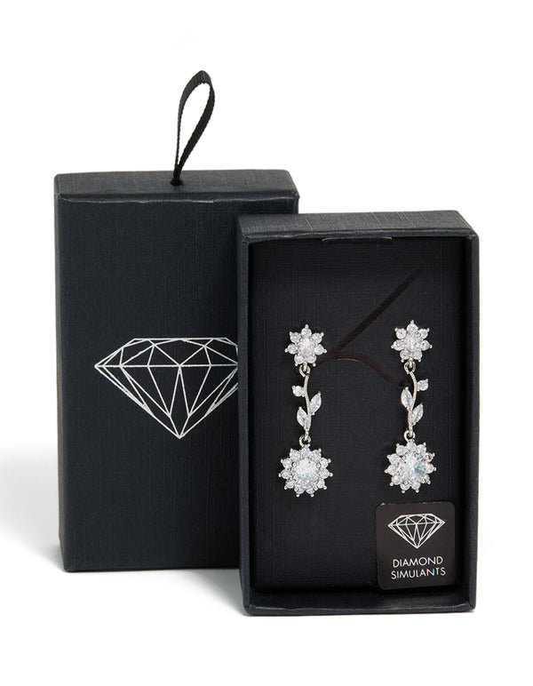 Silver Cubic Zirconia Vine Floral Drop Earrings