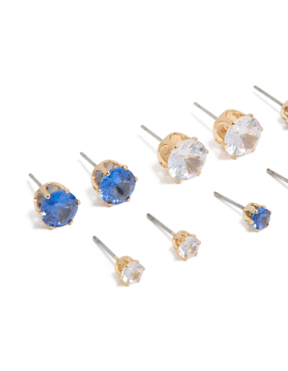 Gold Classic Blue & Clear Cubic Zirconia Stud Earrings 6-Pack