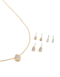 Gold Clear Cubic Zirconia Pear Bezel Necklace & Earrings Set - link has visual effect only