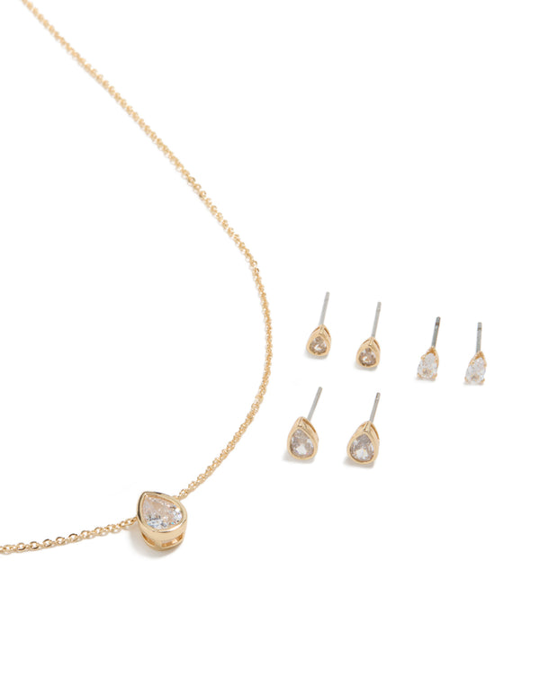 Gold Clear Cubic Zirconia Pear Bezel Necklace & Earrings Set