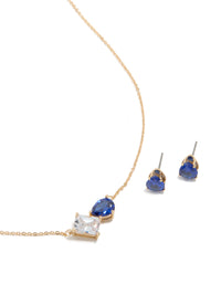 Gold Clear & Blue Cubic Zirconia Cluster Necklace & Earrings Set - link has visual effect only