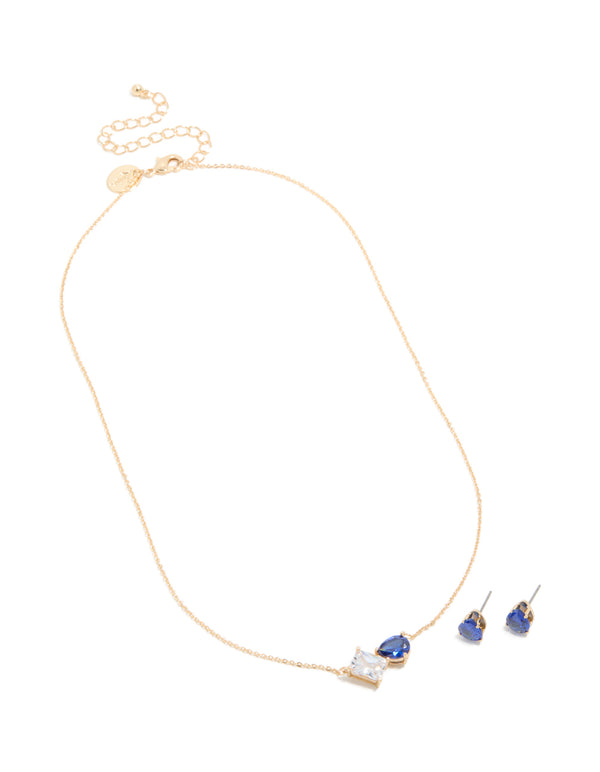 Gold Clear & Blue Cubic Zirconia Cluster Necklace & Earrings Set