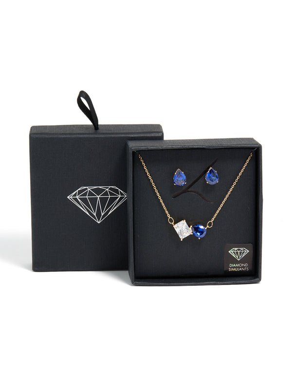 Gold Clear & Blue Cubic Zirconia Cluster Necklace & Earrings Set
