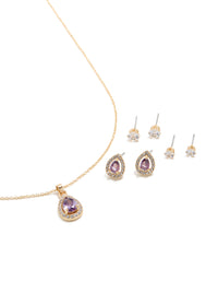 Gold Purple Cubic Zirconia Necklace & Earrings Set - link has visual effect only