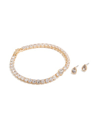Gold Clear Cubic Zirconia Bezel Tennis Bracelet & Earrings Set - link has visual effect only
