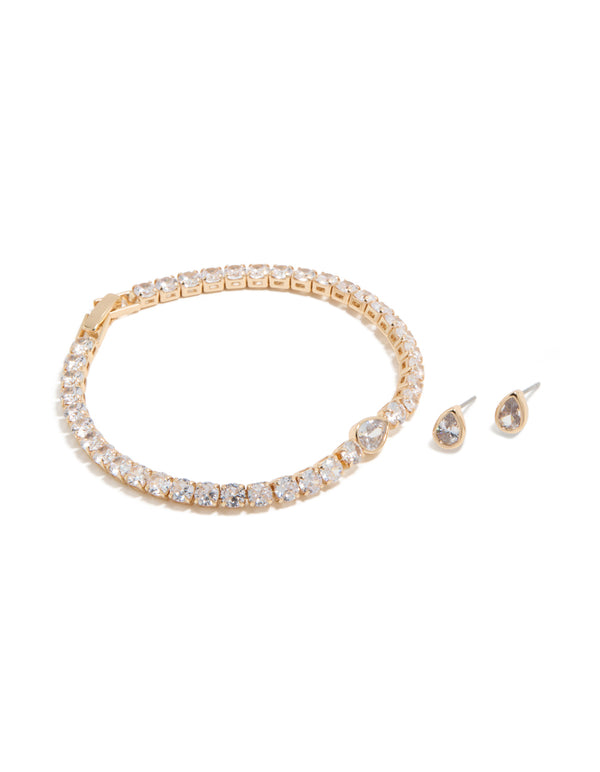 Gold Clear Cubic Zirconia Bezel Tennis Bracelet & Earrings Set