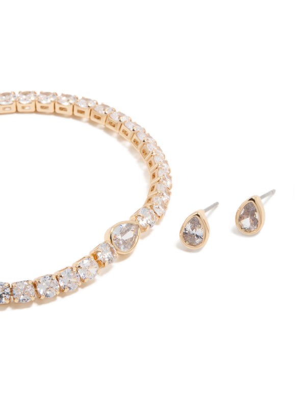 Gold Clear Cubic Zirconia Bezel Tennis Bracelet & Earrings Set