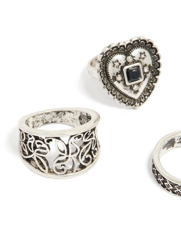 Antique Silver  Heart & Textured Rings 4-Pack