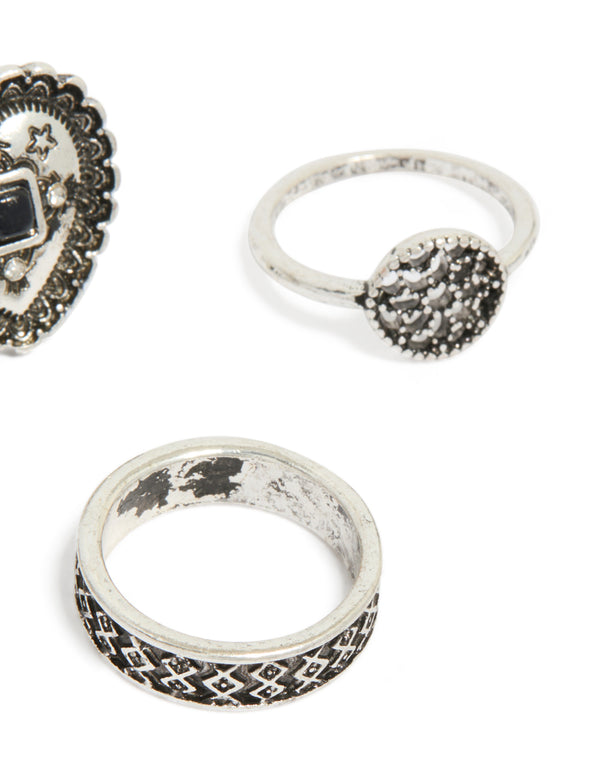 Antique Silver  Heart & Textured Rings 4-Pack