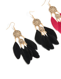 Antique Gold Black & Pink Boho Feather Drop Earrings Pack - link has visual effect only