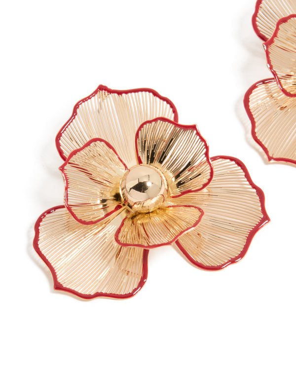 Gold Statement Red Outline  Flower Stud Earrings