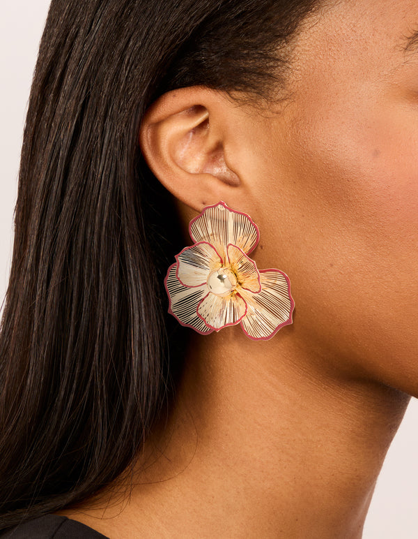 Gold Statement Red Outline  Flower Stud Earrings