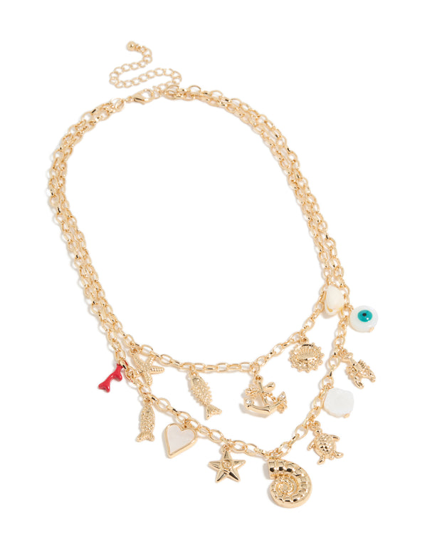 Gold Ocean Charm Layered  Necklace