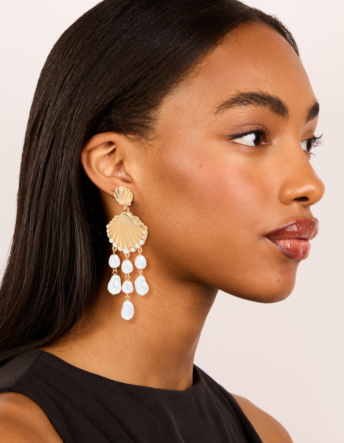 Gold Ribbed Shell & Pearls Drop Earrings
