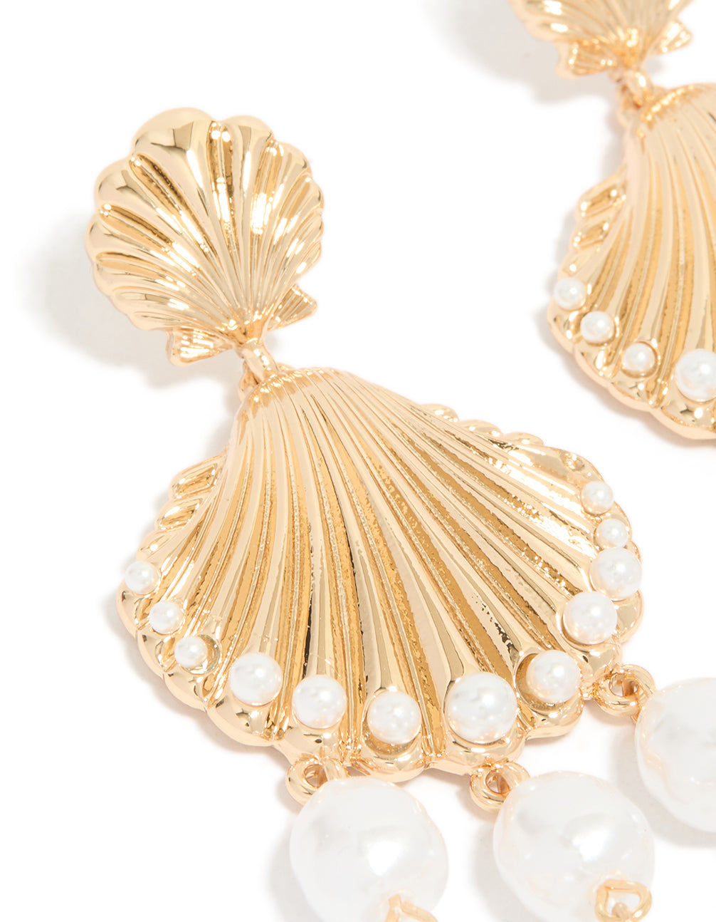 Gold Ribbed Shell & Pearls Drop Earrings
