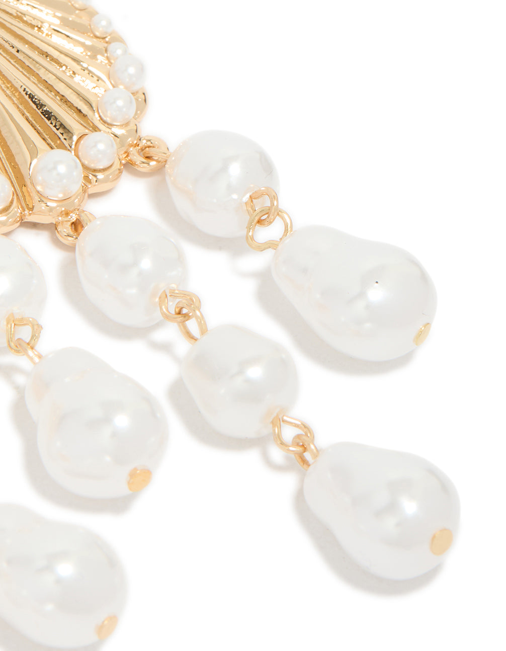 Gold Ribbed Shell & Pearls Drop Earrings