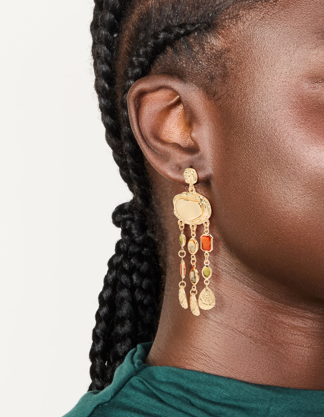 Gold Molten Blue & Green Diamante Drop Earrings