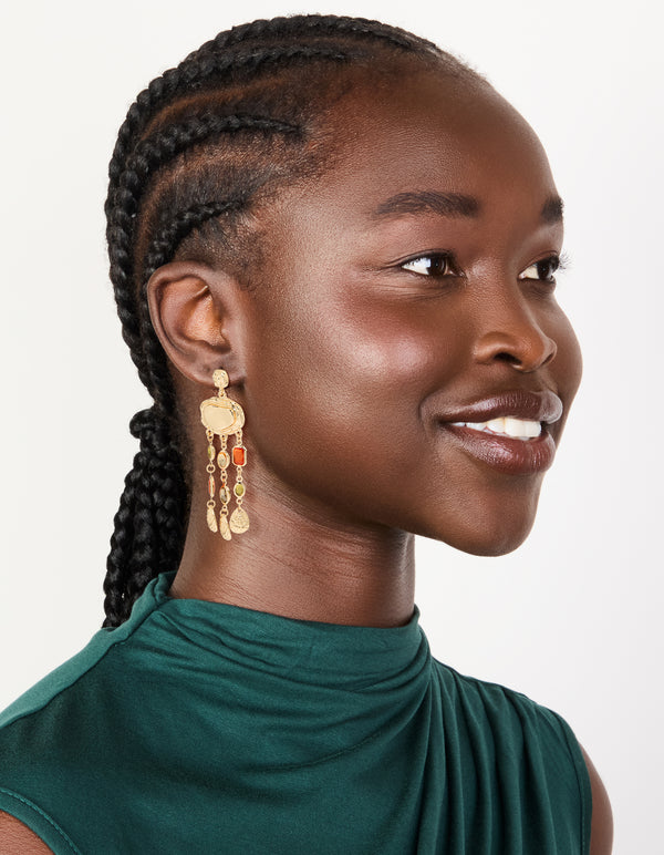 Gold Molten Blue & Green Diamante Drop Earrings