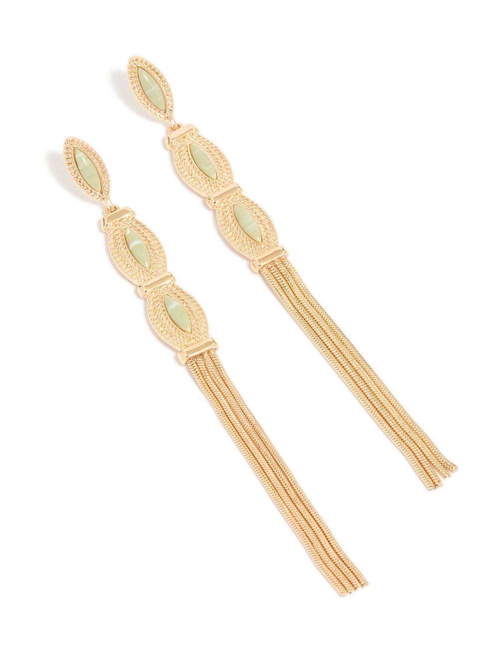 Gold Green Stone Boho Tassel Drop Earrings