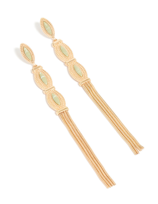 Gold Green Stone Boho Tassel Drop Earrings